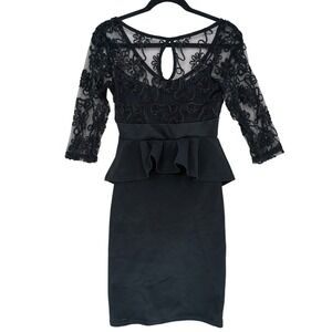 Black Embroidered Round Neck Peplum Pencil Dress M Sheer Keyhole Cocktail Formal